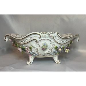 Dresden Porcelain Hand Painted Reticulated Oval 4 Footed Bowl w/Applied Flowers